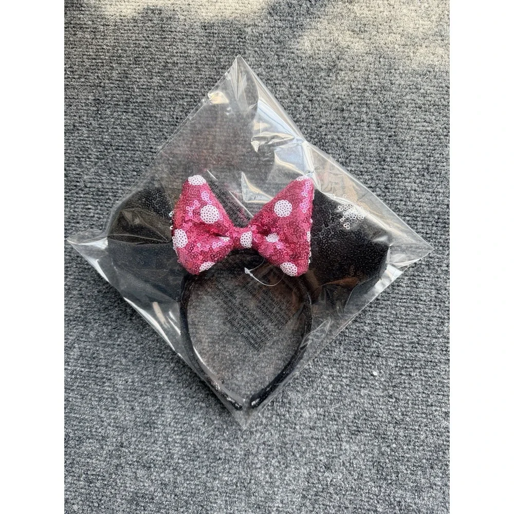 Disney Sequin Minnie Mouse Ears with Polka Dot Hot Pink Bow Headband NEW